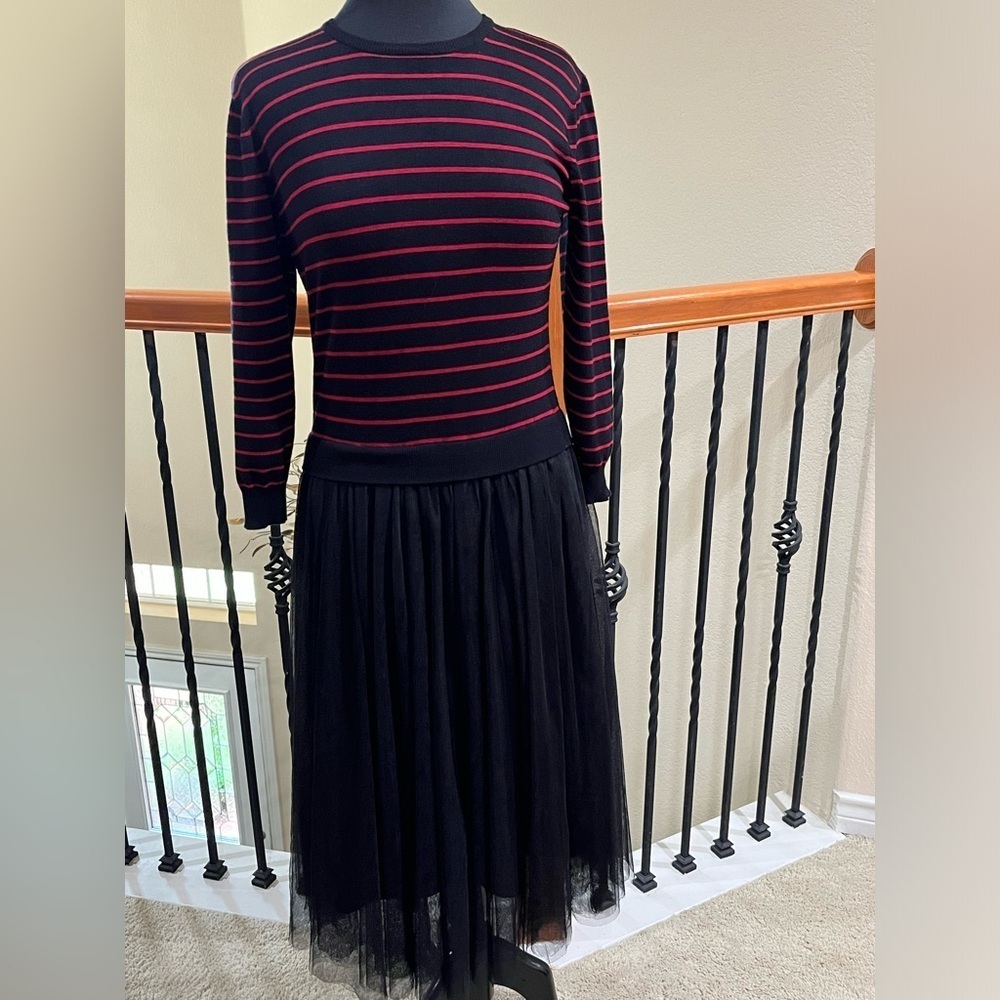 English Factory Black and Red Striped GOTHIC TULLE Sweater DRESS SIZE L